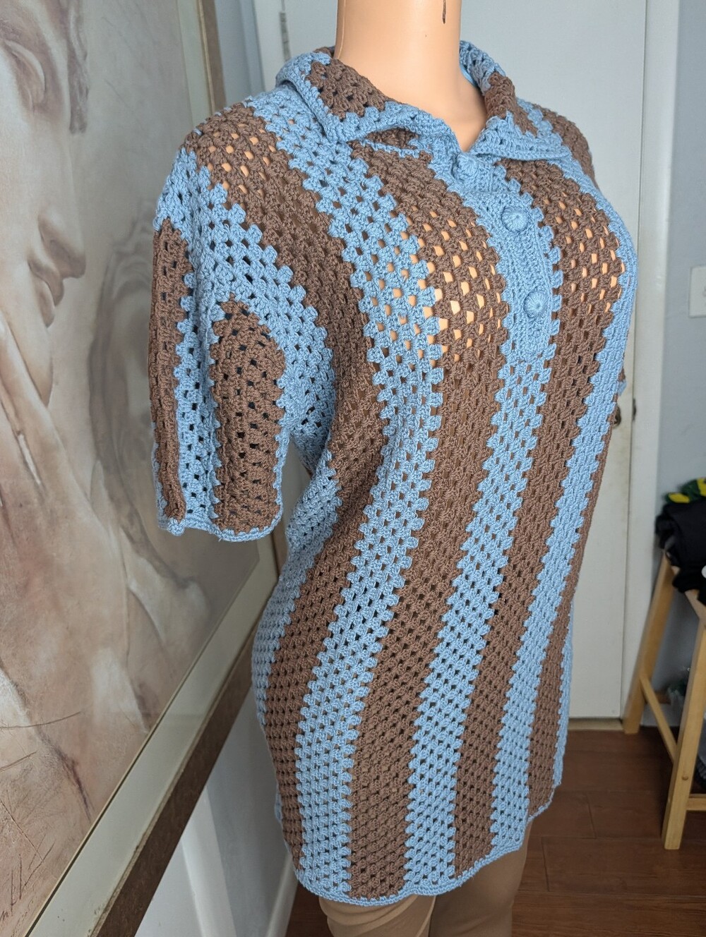 Zara Chocolate Brown Blue Crochet Mini Button Front Polo Shirt Dress Size S